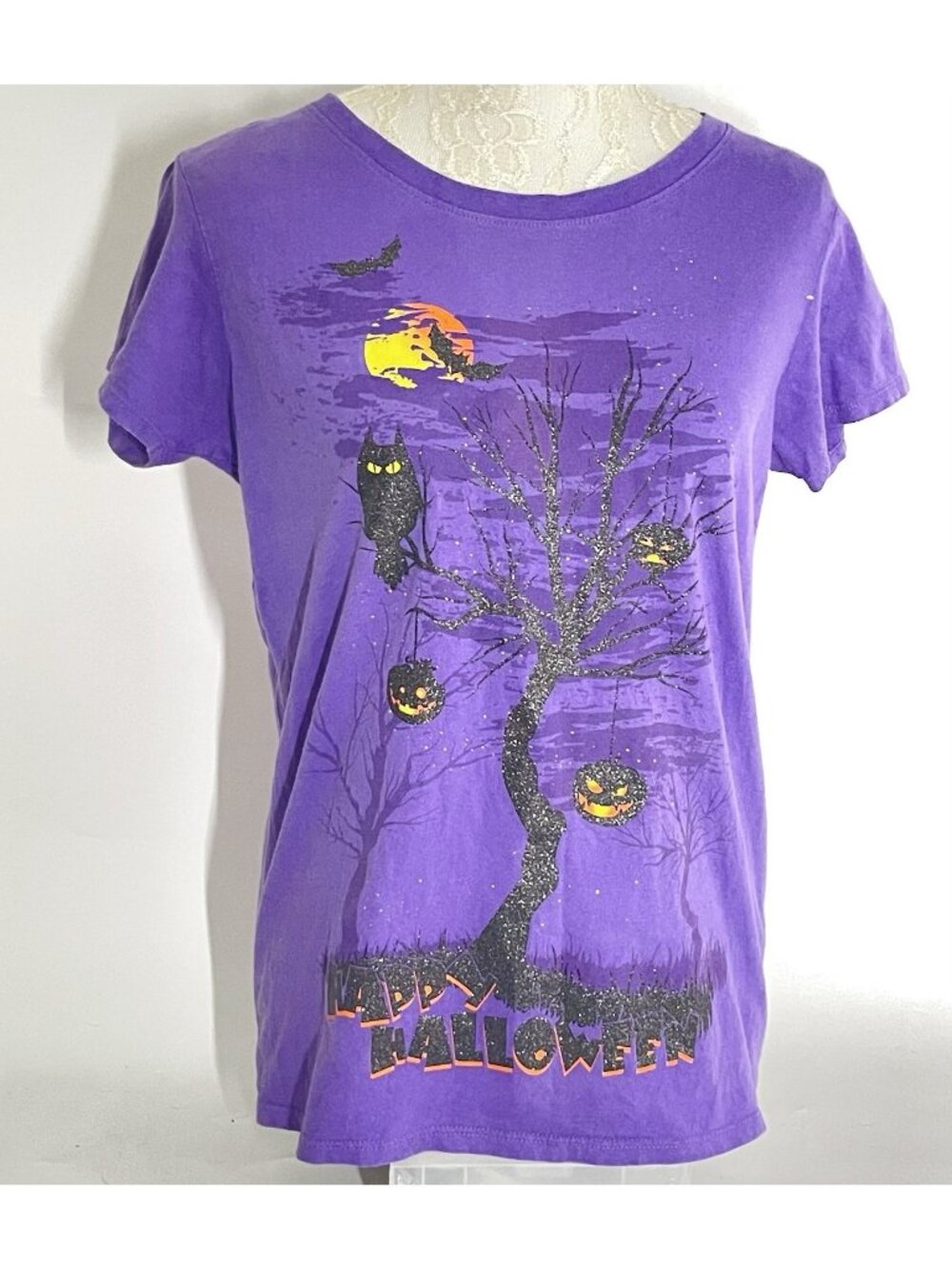 Purple Halloween Graphic T Shirt Womens L 12/14 Owl Pumpkin Bats Glitter Tree